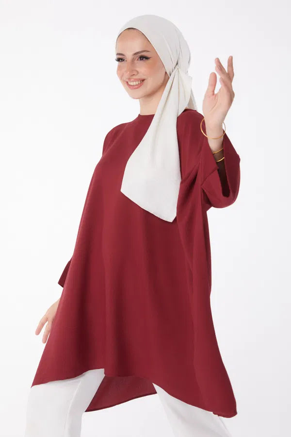 Düz Bisiklet Yaka Kadın Bordo Tunik