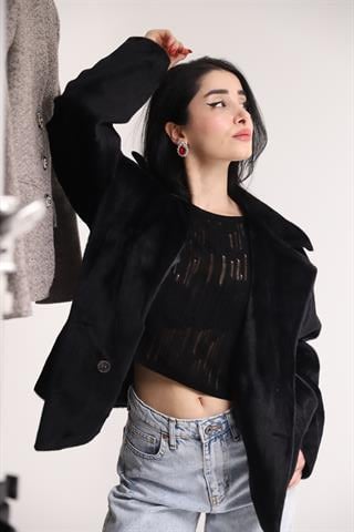 Siyah Kate Kaşe Kısa Kürk Kaban